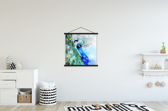 Porte-affiche avec affiche - Affiche scolaire - Aquarelle - Paon - Blauw - 60x60 cm - Lattes noires