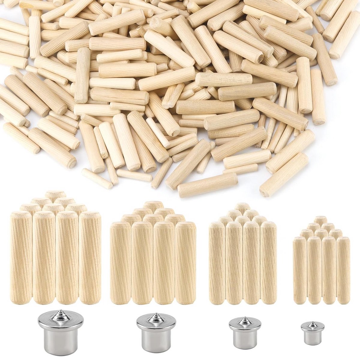 500 Stuks Houten Pluggen Set - Ronde Beukenhouten Meubelpluggen met 4 Centreerpennen (M6,