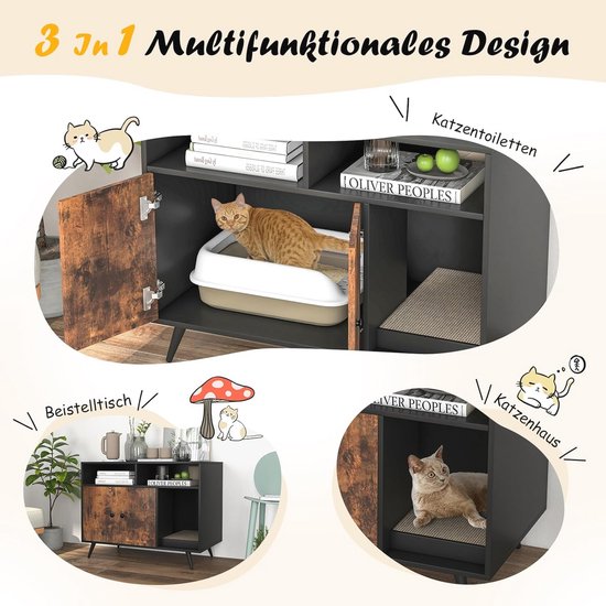 Multifunctioneel 3-in-1 ontwerp: kattenbakomkasting, krabplek en bijzettafel in één zwart meubel.