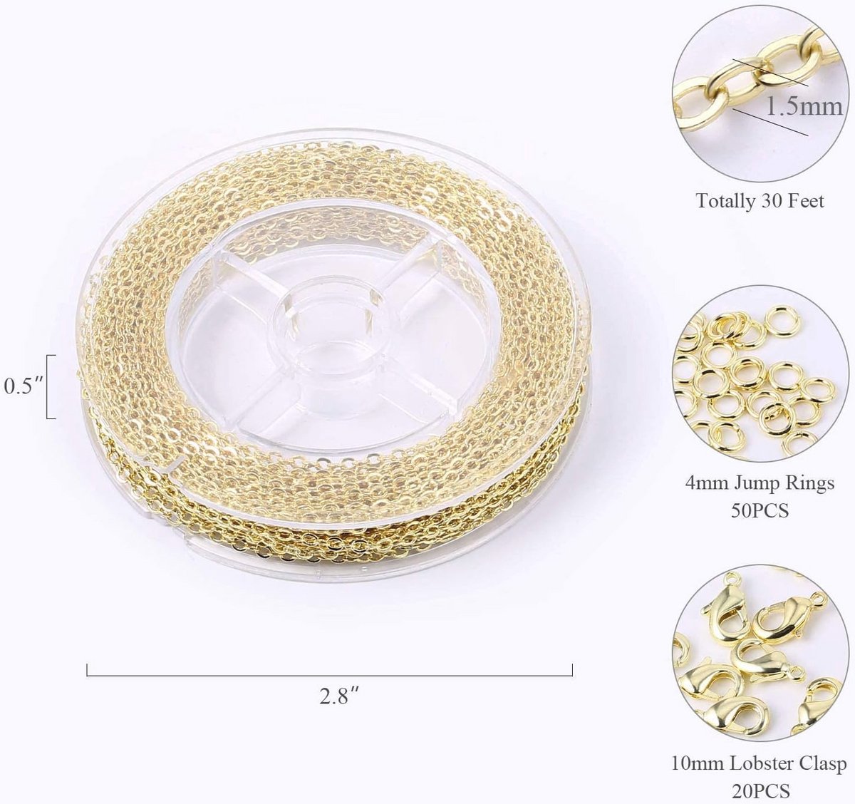 Dainty Gold Plated Brass Cable Chain Link Bulk voor Sieraden Maken - 33 Feet (1.5mm) Inclusief Sluitingen