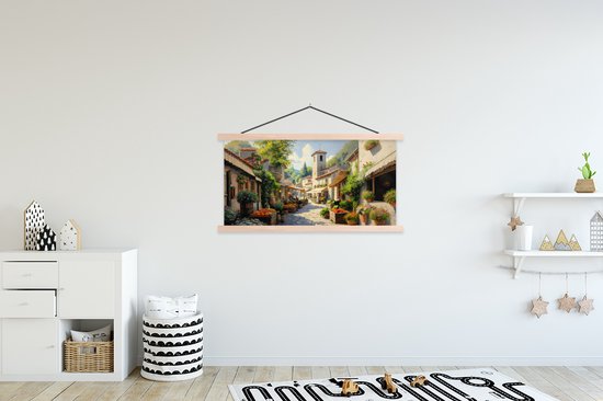 Posterhanger incl. Poster 120x60 cm - Schoolplaat - Dorp - Zon - Kraampjes - Huizen - Textielposter - Blanke latten