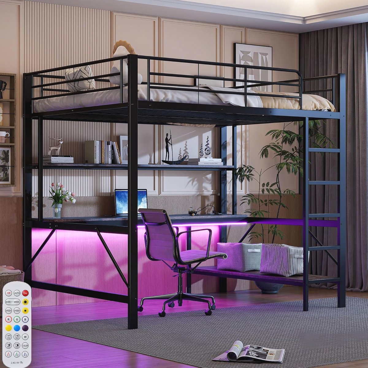 Loftbed 140 x 200 cm met LED en USB Aansluiting, Kinderbed met Bureau en Schappen, Bed voor Tieners, Dubbelbed met Ladder en Leuning, Zwart (zonder Matras)