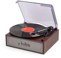 Retro platenspeler met houtlook, draaiende vinylplaat en open kap. Het Audizio logo is op de speaker.