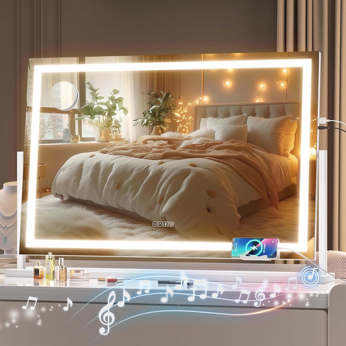 Groot make-upspiegel met verlichting en bluetooth-luidspreker - 91,4 x 61 cm LED-spiegel met 10x vergroting