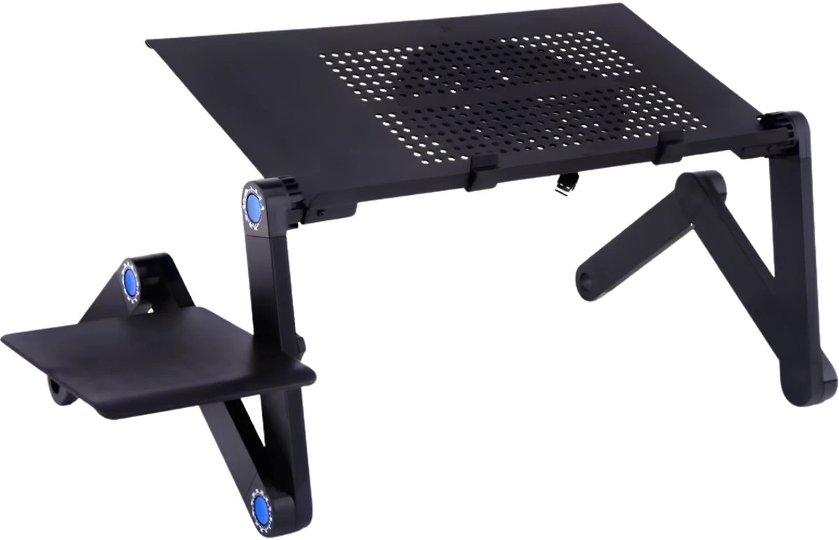 Happiq Laptoptafel – Tablethouder - Bedtafel - Laptopstandaard – Voor bureau, bed en bank – Met koelventilator, muismat en ergonomisch design – Zwart / Metaal