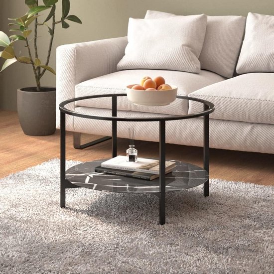 Ronde Salontafel met Glas en Marmer Look - Zwart - 70 cm | bol