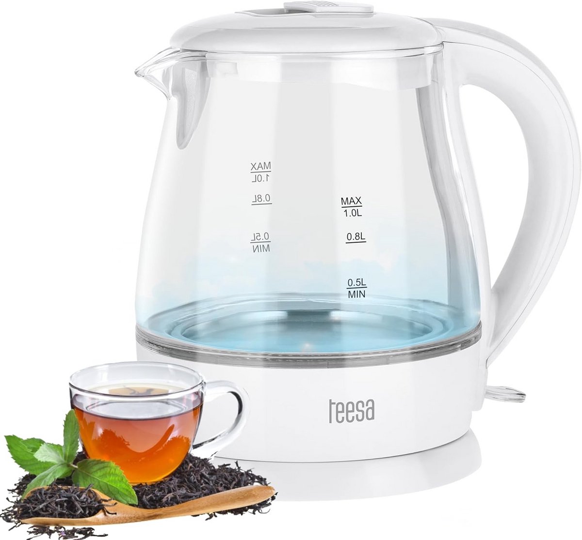 Draadloze Glazen Waterkoker 1 Liter met Blauwe Verlichting - Wit