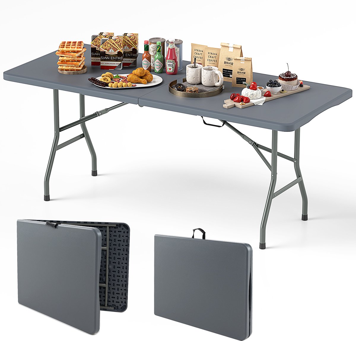 COSTWAY Tuintafel, 180 x 74 cm, campingtafel inklapbaar, klaptafel met HDPE-tafelblad en draaggreep, balkontafel voor 6-8 personen, feesttafel, buffettafel voor tuin, terras en balkon, grijs