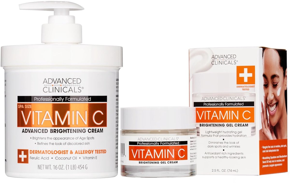 Advanced Clinicals Brightening Skin Care Set, Vitamin C Body Cream + Face Moisturizer Gel Cream 2pc