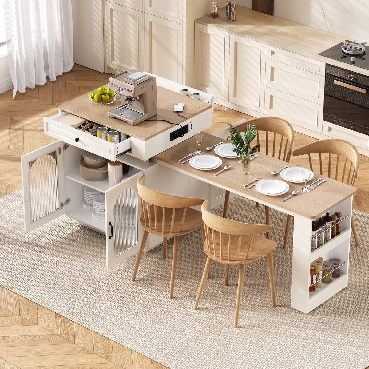 Sweiko Keukeneiland - Met wieltjes - LED verlichting - Uitschuifbare eettafel - Dressoir - Bartafel - Wit + Natuurlijke