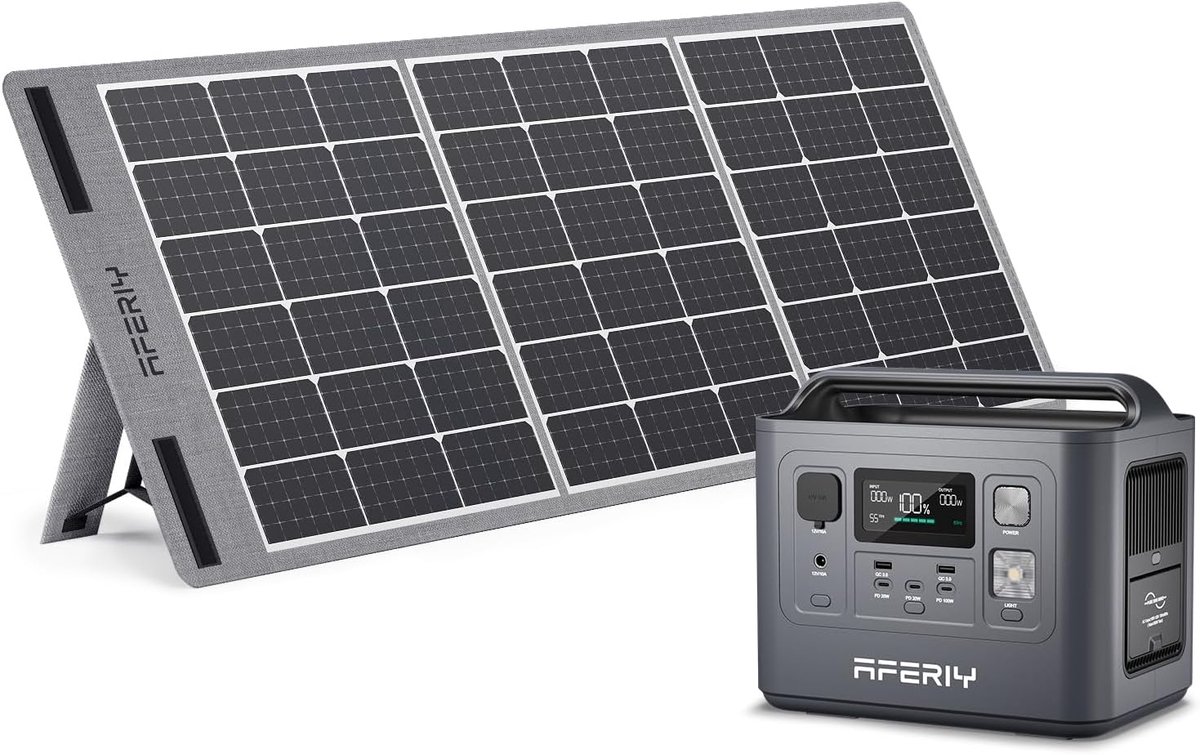 AFERIY 800W 512Wh Draagbare Power Station + 100W Zonnepaneel - LiFePO4 - UPS - MPPT - Pure Sine Wave voor Camping & Noodstroom