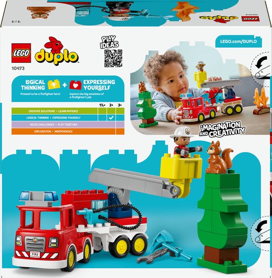 Boîte du set de camion de pompiers LEGO Duplo montrant un pompier, un arbre, un écureuil et des flammes.