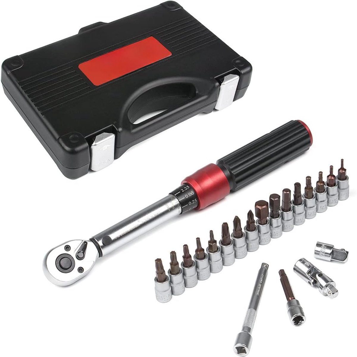 1/4 inch verstelbare momentsleutel met 90 tanden ratel - 5-30 Nm - nauwkeurigheid ± 3% - 15-delige onderhoudsset met verlengstang