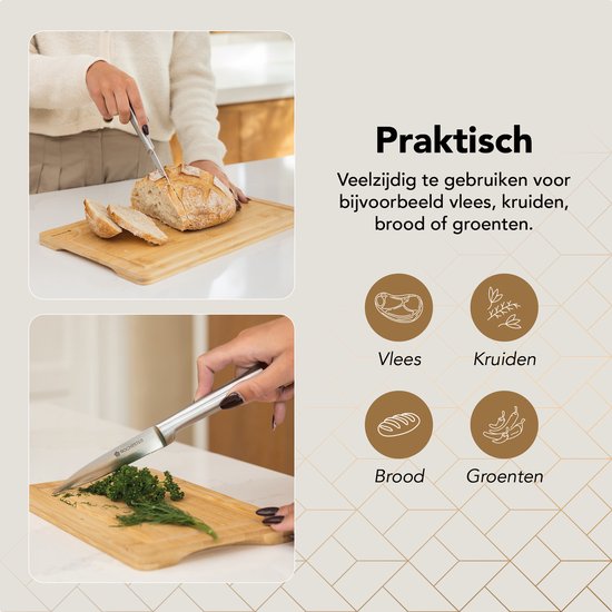 Een persoon snijdt brood, en een ander persoon snijdt kruiden. Iconen tonen vlees, kruiden, brood en groenten.