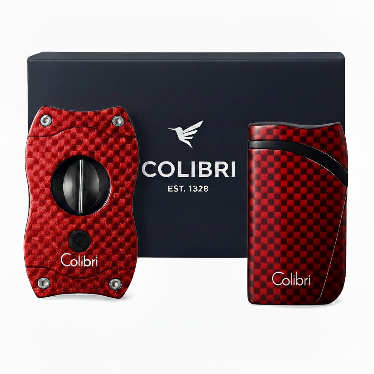 Colibri Falcon sigarenaansteker & V-cut sigarenknipper geschenkset mannen - windbestendig stormaansteker - carbon fiber rood - aansteker getest tot 3000m hoogte - de ultieme vaderdag cadeau voor mannen