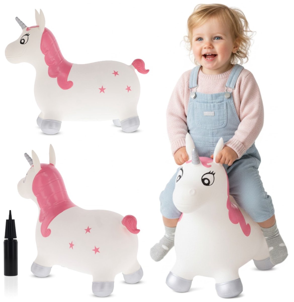 sun baby - Springdier met pomp vanaaf 1 jaar - Eenhoorn - wit - max 50kg, duurzaam rubber, gecertificeerd, bpa-vrij, springpaard, springhond