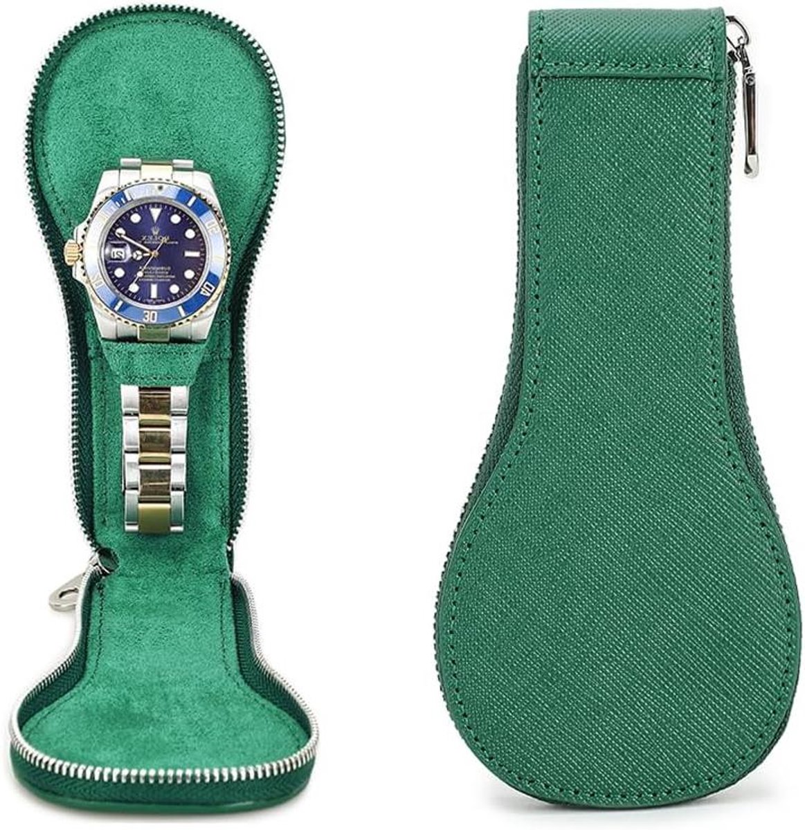 Cosensi - Echt Saffiano Lederen Horloge Opbergdoos | Draagbare Rits Horloge Organizer (Groen) met Bescherming | Horloge Case voor 1 Horloge