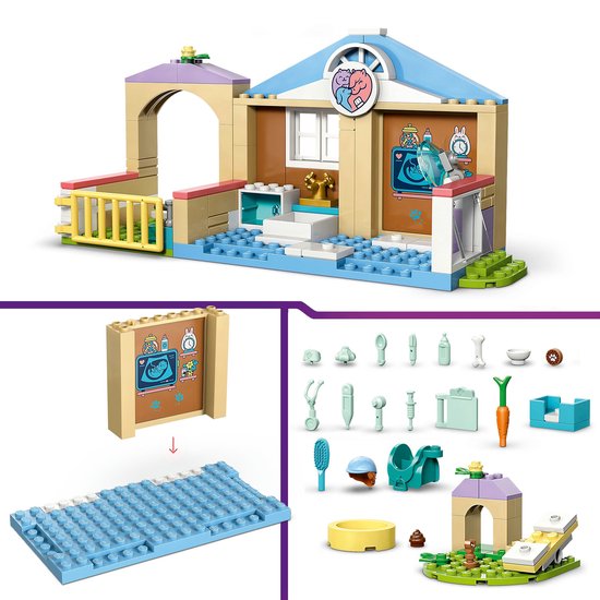 Pièces LEGO pour clinique vétérinaire : briques, accessoires et figurines d'animaux.