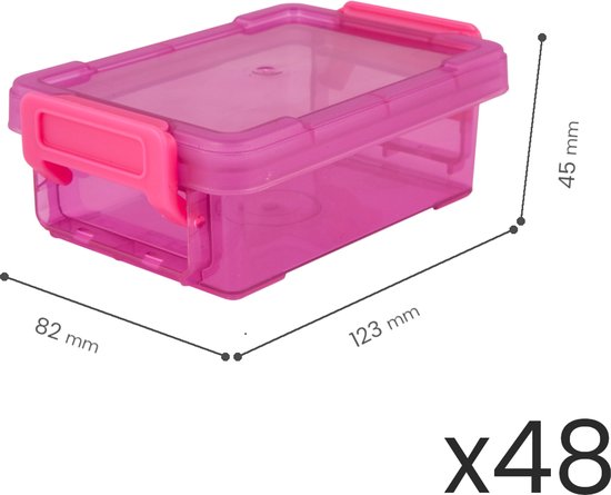 Boîte de rangement rose transparente avec fermoirs roses, mesurant 123x82x45mm.