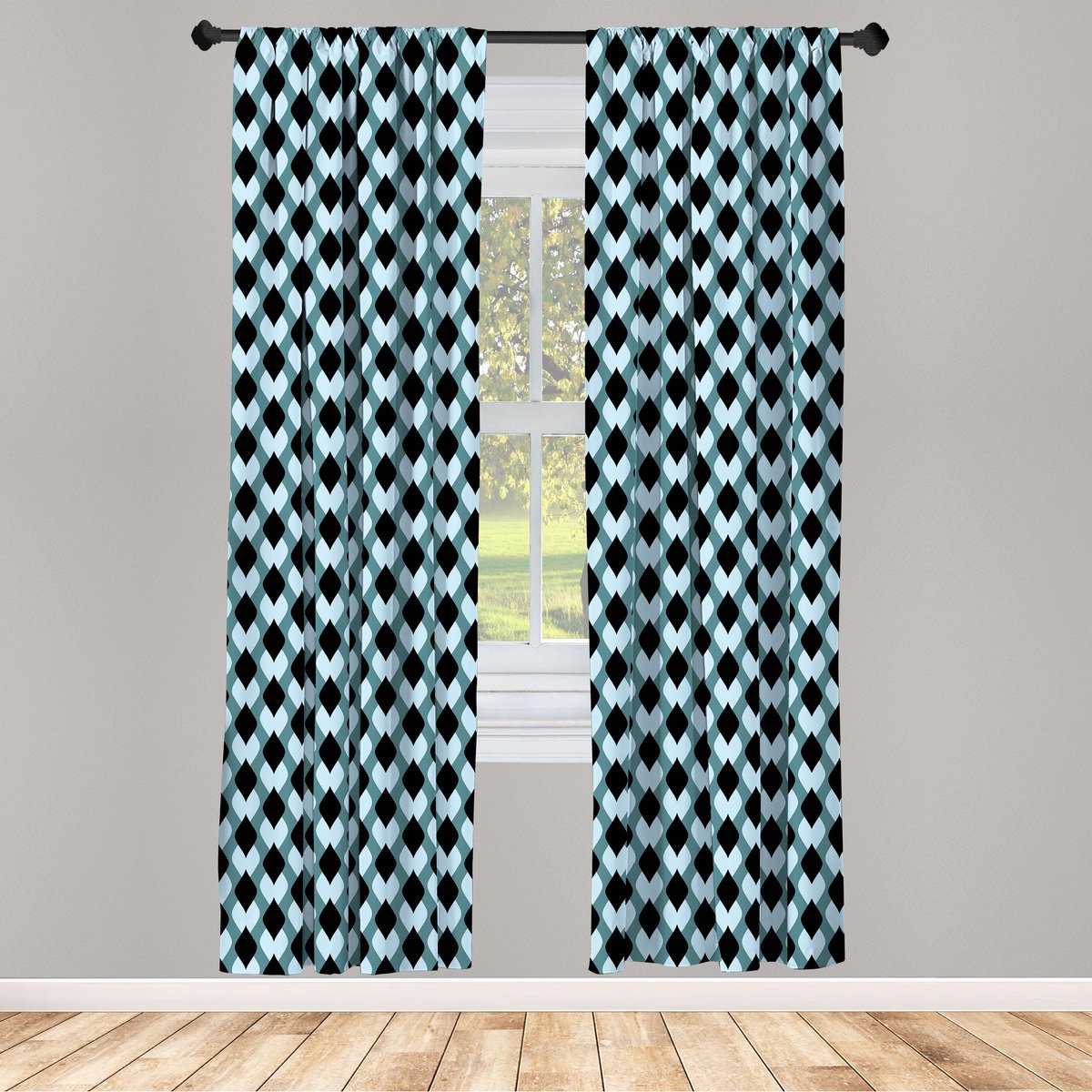 ABAKUHAUS Gordijnen – Geometrisch Surreëel-Blad – 2x75x175 cm – Blauwgrijs en zwart