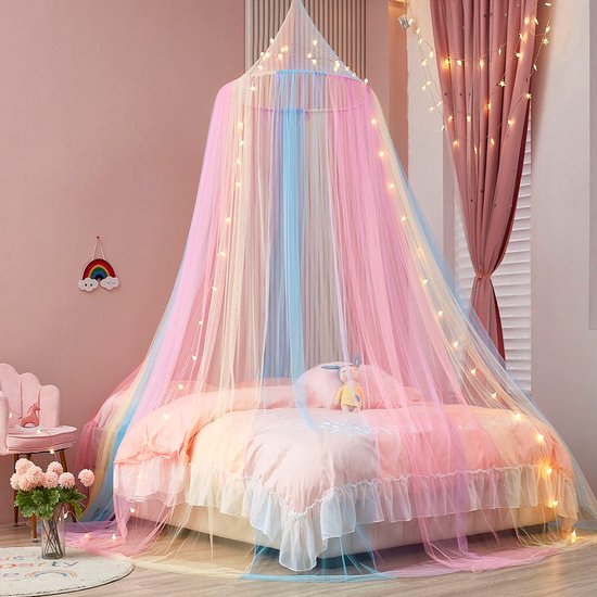 Klamboe - Regenboog hemelbedgordijn - Koepel klamboe bedtent - Met lichtsnoer - 60 x 250 cm - Verduisteringsgordijn - Meisjes klamboe bedhemel - Extra groot - Hangt aan het plafond - Regenboogkleuren — afbeelding 2