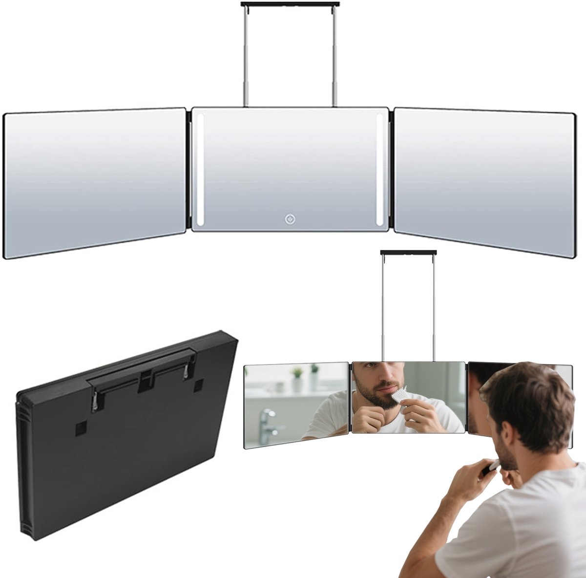 OKWISH Make-upspiegel - Opvouwbare Make-up Spiegel met LED Licht, Driedelige Beauty Spiegel, Hangende Spiegel, USB Oplaadbaar, ABS + Glas, Zwart