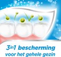 Tanden met groene bubbels en groene vinkjes erop. Tekst "3 in 1 bescherming voor het gehele gezin".
