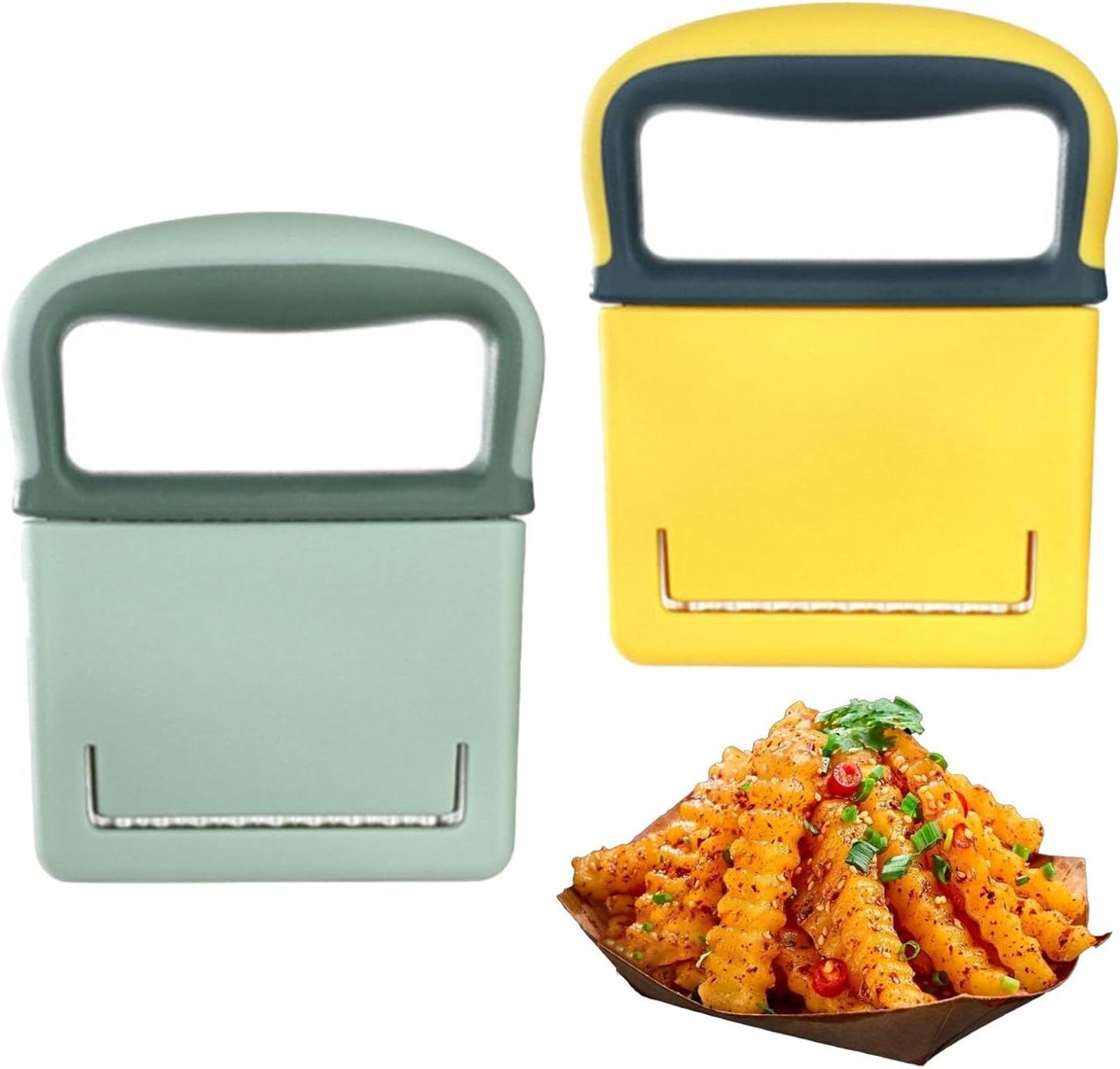 Cosensi - Golfmessen voor aardappelen in groen en geel - Roestvrijstalen golfsnijder met beschermende afdekking - Voor friet, groenten en fruit - Anti-slip greep - Set van 2.