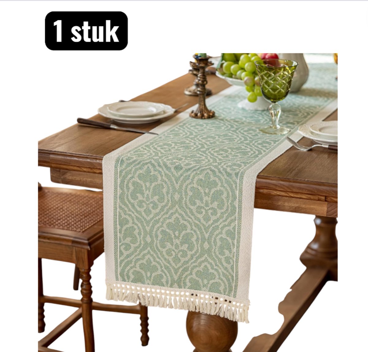1 stuk - Tafelloper - Tabel loper - TV Meubel Beschermer - Lange Tafelkleed in Katoen Look Stijl - 350x35cm - Lange tafeldecoratie- Katoen Linnen Look - Bloemenpatroon - Groen