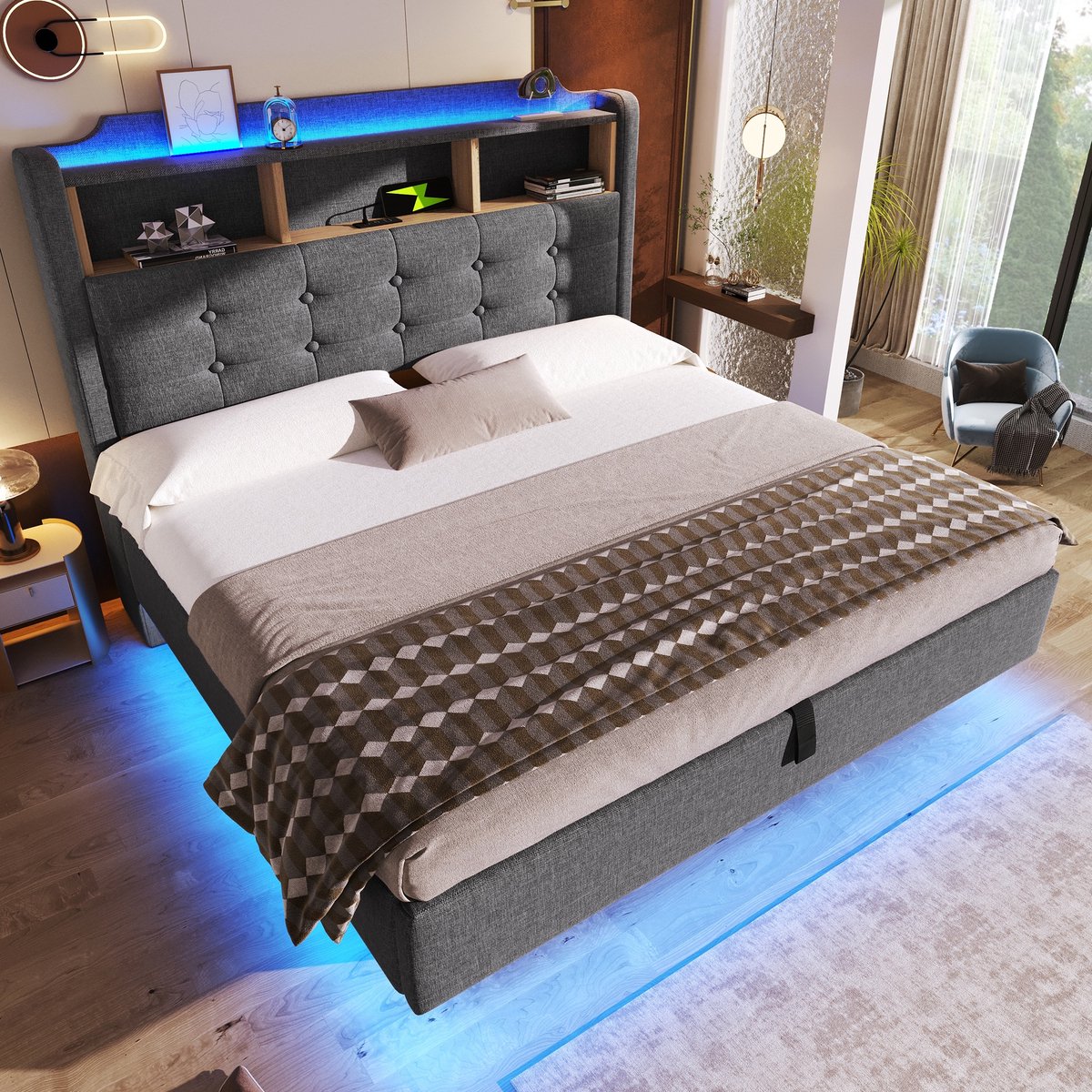 Sweiko Gestoffeerd bed - 140 × 200 cm - LED-verlichting - Opbergruimte - Zwevend bed - USB/Type-C - Linnen - Grijs