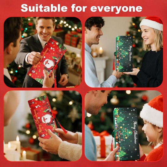 Collage van mensen die rode en groene 'Merry Christmas'-geldhouders uitwisselen tijdens Kerstmis.