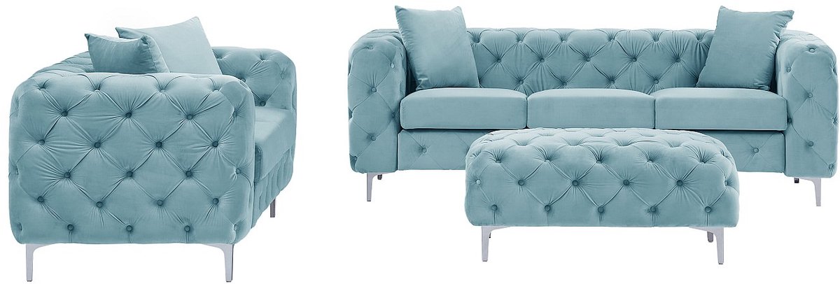 Vente-unique Drie- en tweezits-Chesterfield-bank en -poef van pastelblauw velours EDWINA Blauwe lucht