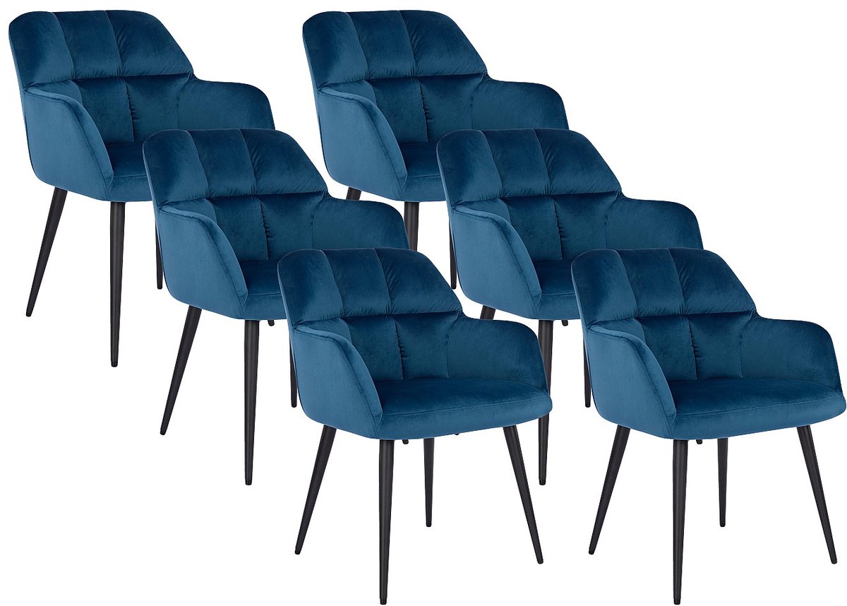 Vente-unique Set van 6 stoelen PEGA - Met armleuningen - Fluweel en metaal - Grijs Koningsblauw