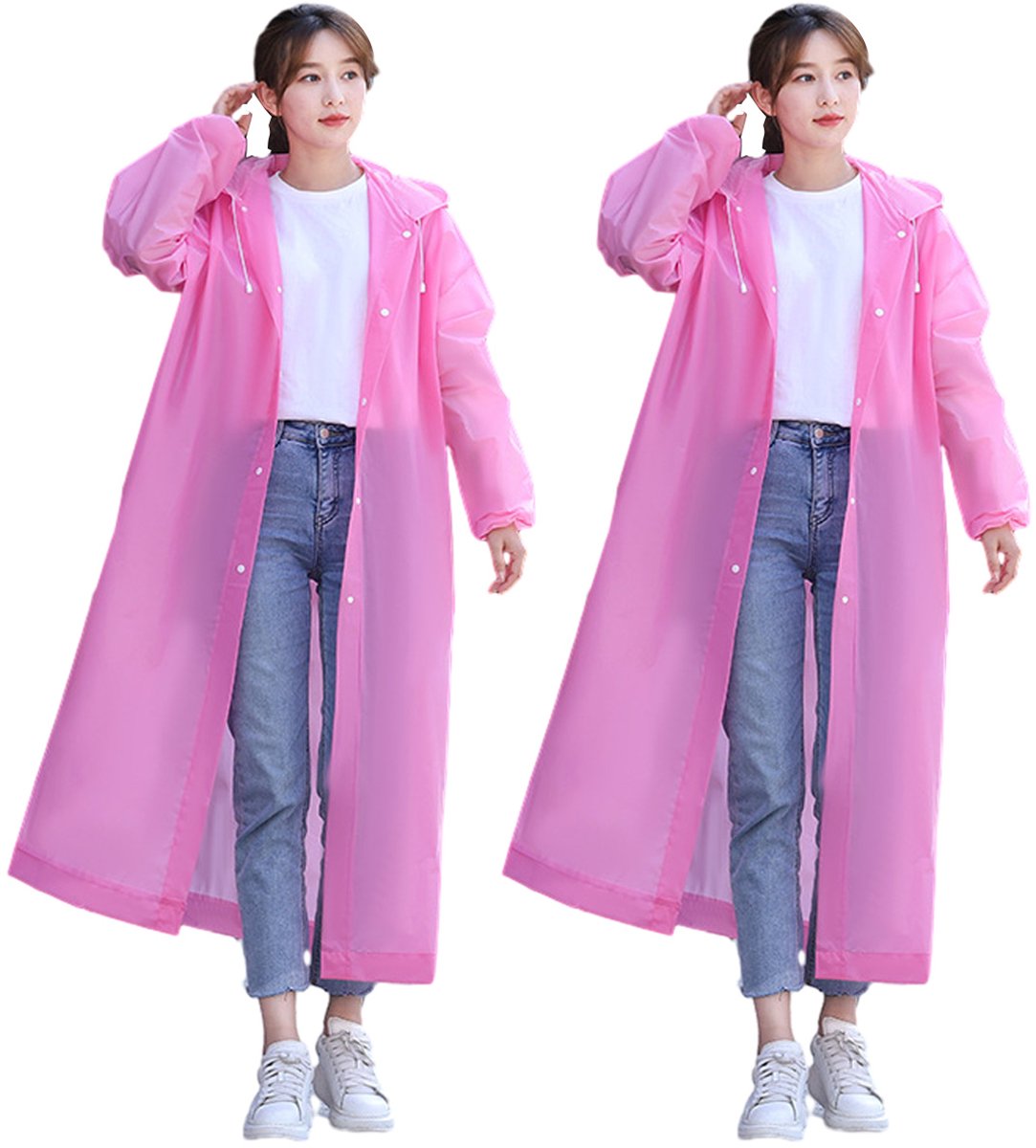 Gigicial Waterdichte EVA-regenjas Herbruikbare poncho met capuchon Trekkoord met lange mouwen om je droog en comfortabel te houden 2-pack Geschikt voor buitenactiviteiten Roze