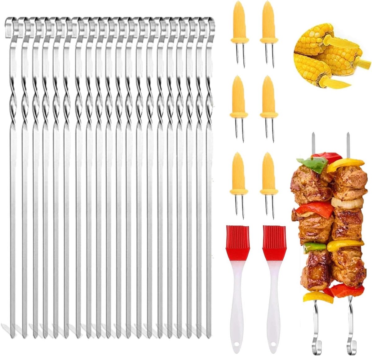 Cosensi - Roestvrijstalen grillspiesen 20 stuks 30 cm sjasliekspiesen herbruikbaar met siliconen olieborstel en maïskolfhouderset