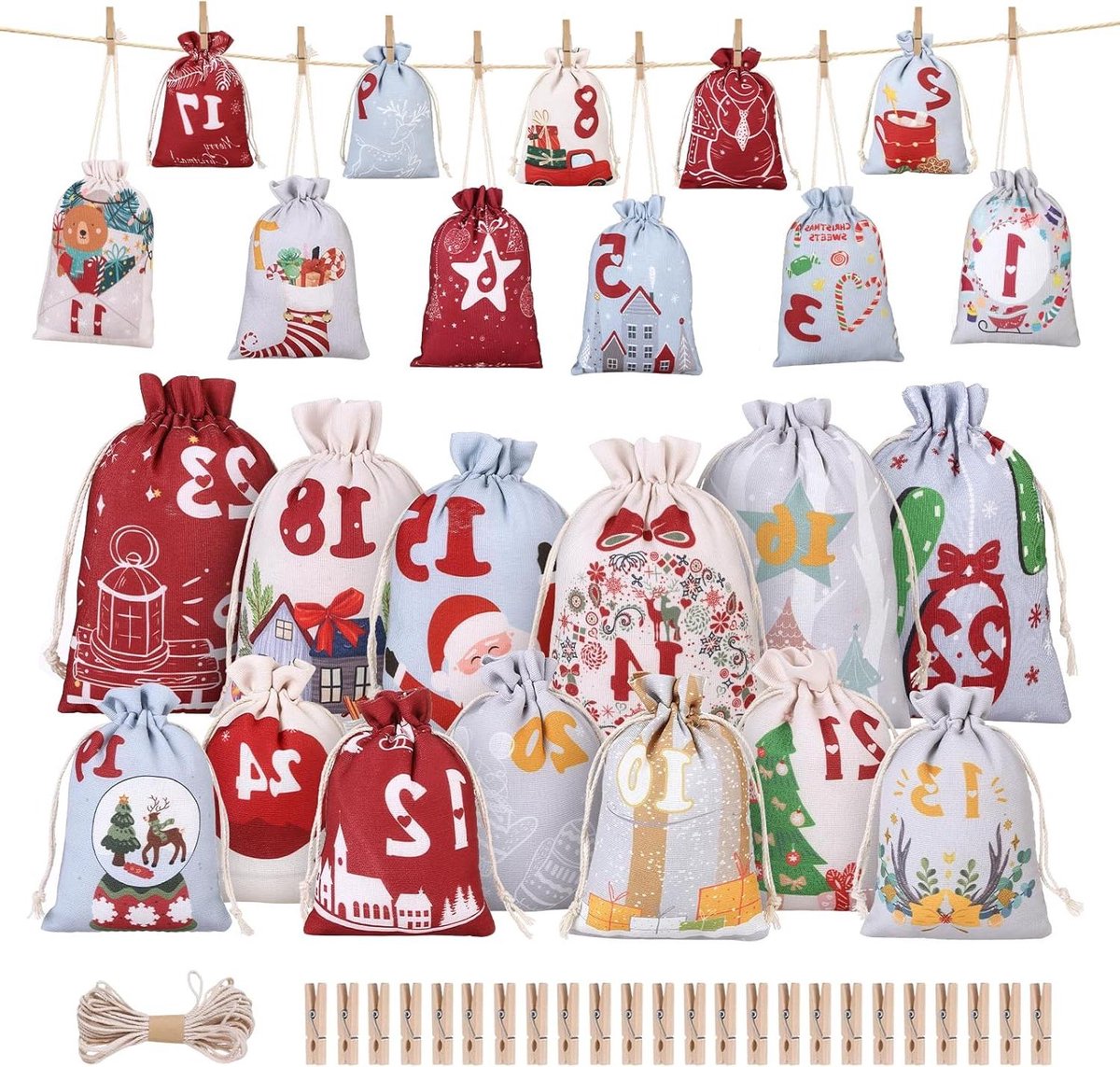 Cosensi - Stoffen adventskalender om zelf te vullen - 24 stuks - 2 maten - Kerst adventskalenderzakjes