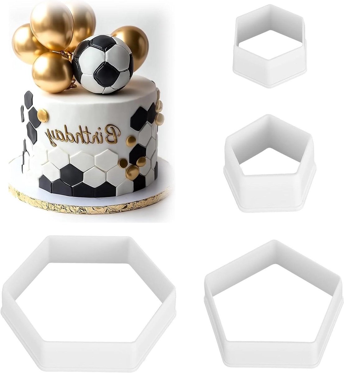 Cosensi - Uitsteekvormpjes Voetbal Wit - Zeshoekig en Vijfhoekig - Verschillende Maten - Cupcakes, Sandwiches, Verjaardagstaarten