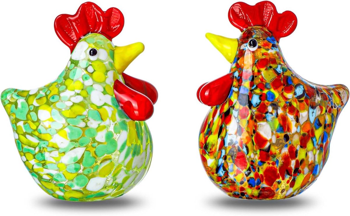 Cosensi - Set van 2 mini glazen beeldjes haan - kunst geblazen glas - kip ornamenten - boerderij decoratie - verzamelobject - Thanksgiving middelpunt