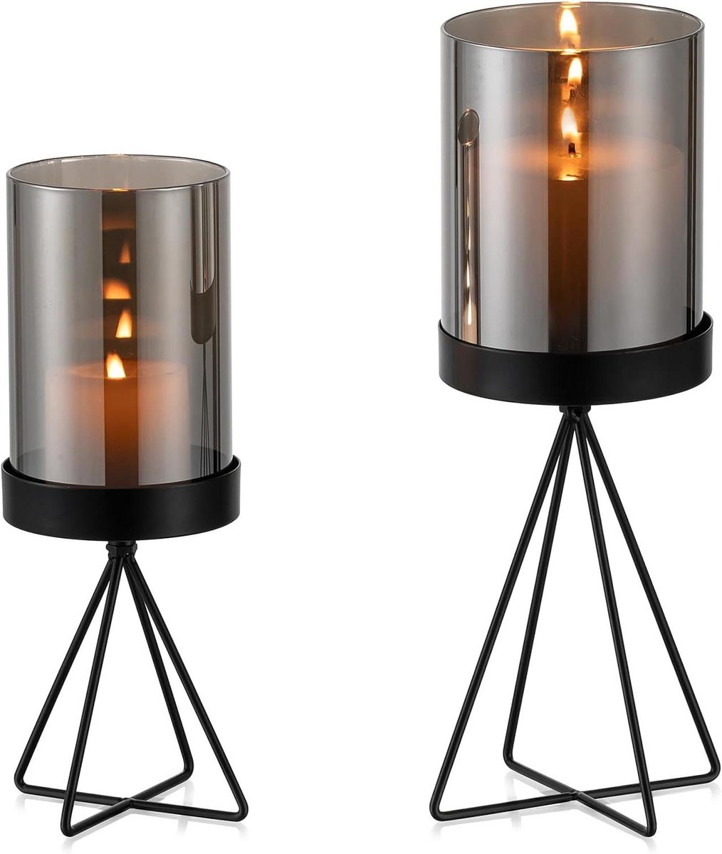 Cosensi - Moderne zwart metalen windlicht kandelaar voor stompkaarsen - tafeldecoratie voor woonkamer en buiten met geometrisch ontwerp.