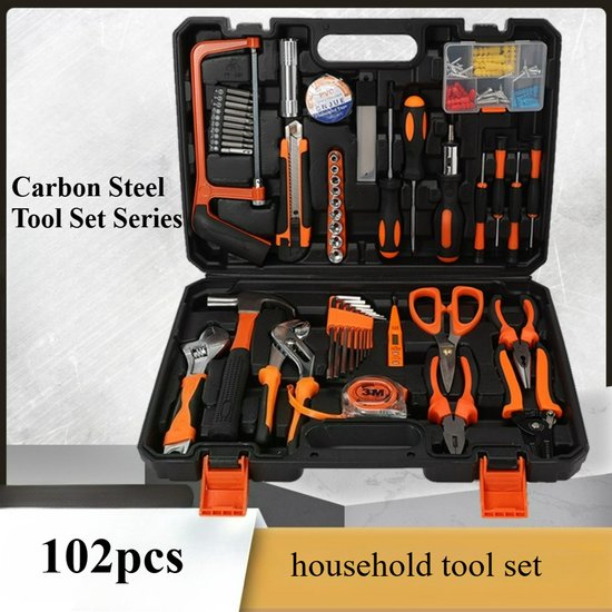 Gereedschapskoffer '102pcs household tool set' met oranje en zwarte handgrepen: hamer, tangen, schroevendraaiers, zaag en meer.
