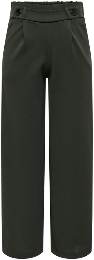 Donkergroene broek met wijde pijpen, hoge taille en decoratieve knopen.