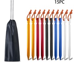 15-Stuks Tentharingen -Tentstokken - Grondanker - Tent Haring - Grondhaken - Tent spijker -Grondpen -tentharing -met touwen - Inclusief opbergzakken -aluminium tentstokken - stevig voor het opzetten - geschikt voor sneeuw en zand - Meerkleurig