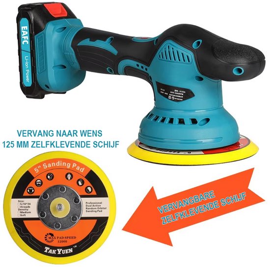 Turquoise en zwarte EAFC polijstmachine met 21V batterij en verwisselbare 125mm polijstschijf.