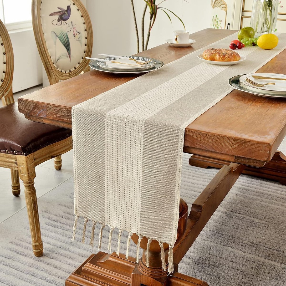Stunq® Macramé katoenen linnen tafelloper, 230 cm lang, met handkwastjes, koffietafel, loper, boerderijstijl, tafelloper, voor vakantie, feesten en dagelijks gebruik (lichte koffie, 230 cm)