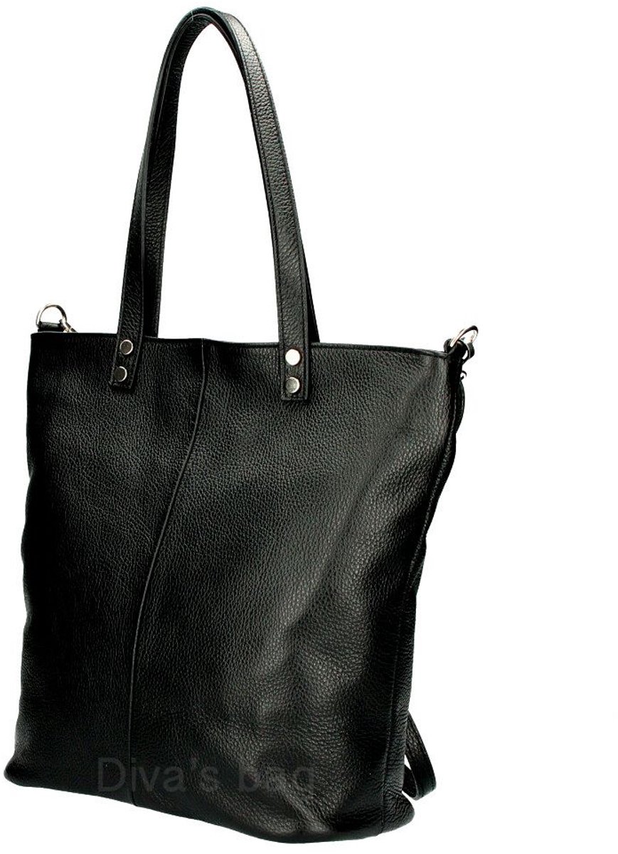 Puur leren vrouwen schouder tas met zakken in ZWART, shopper dames tas