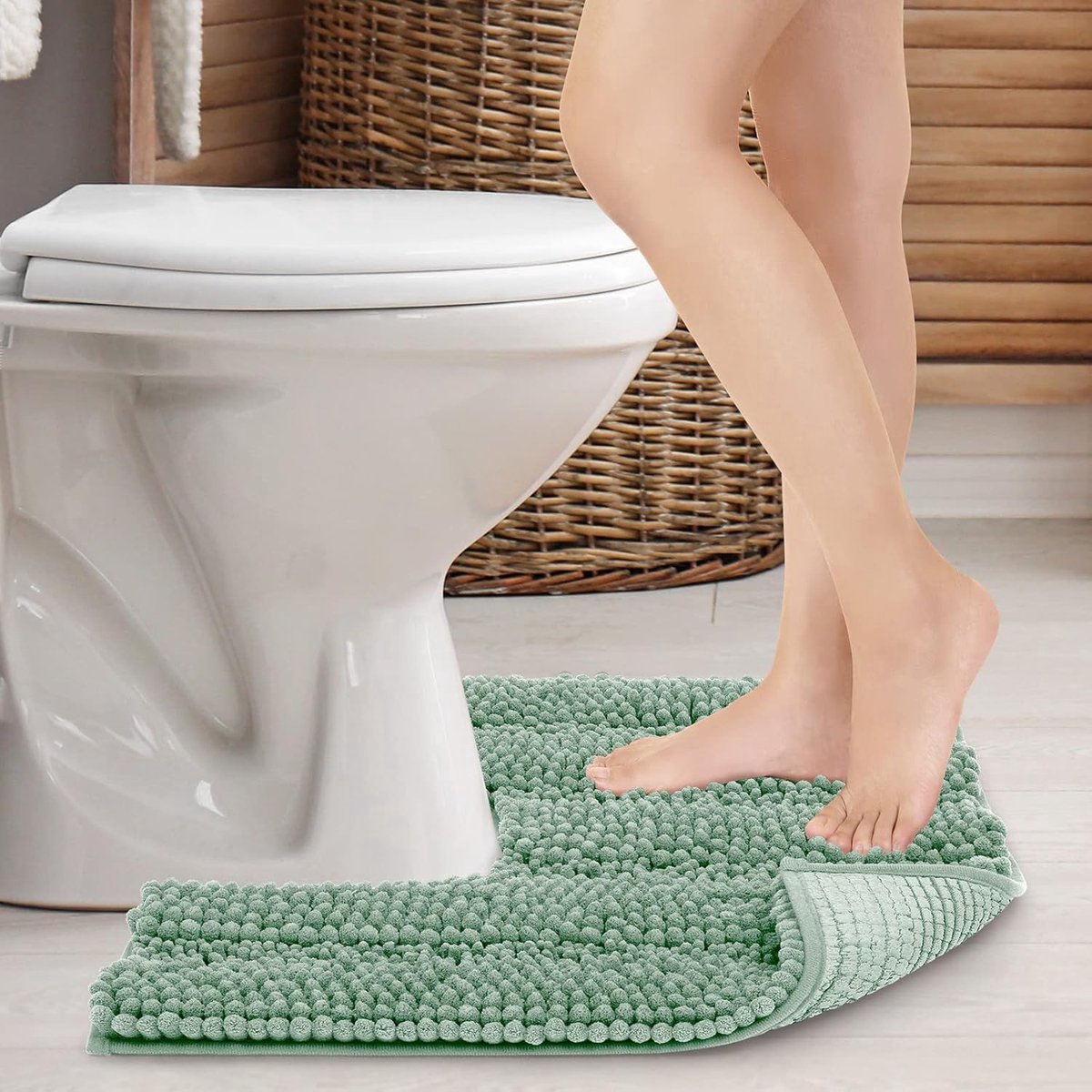 Stunq® Badkamermat Antislip Toiletmat met Uitgesneden Voetstuk voor Toilet Voetstuk Mat Wasbare Badmat Microvezel Absorberend - U-vormig 51 x 51 cm (Lichtgroen)