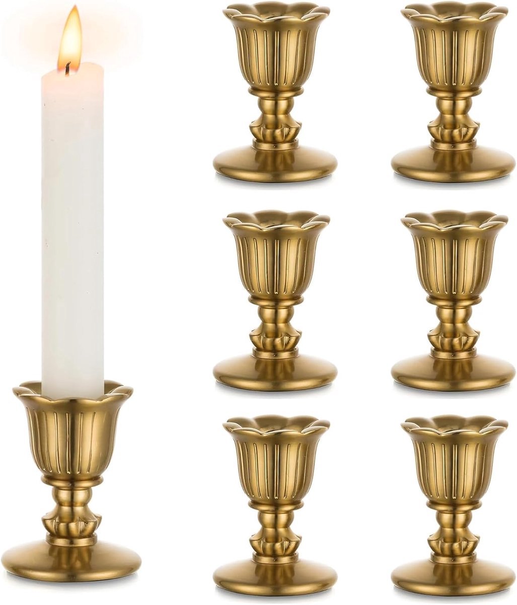 Stunq® kandelaar, kaarsenhouder, staafkaarsen, messing, set van 6, kleine staafkaarsenhouders, goud, voor retro antiek, tafeldecoratie, bruiloft, woonkamer, Kerstmis, feest, adventskrans, decoratie