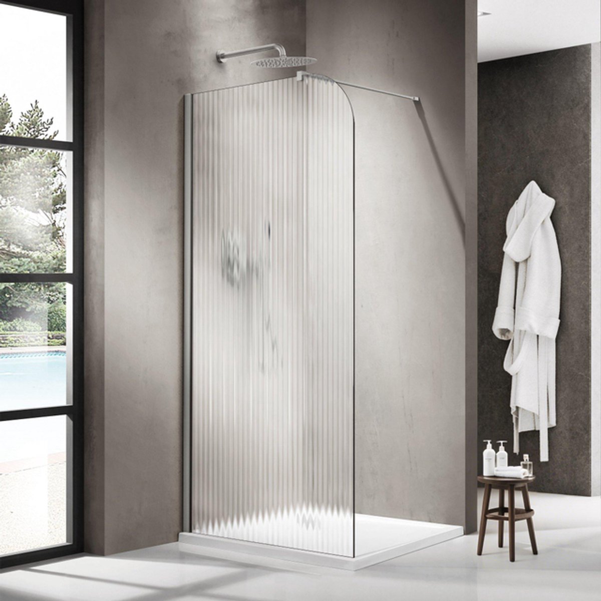 FugaFlow Eccelente Vetro Inloopdouche - 100x200cm - afgeronde glaswand - links - ribbel glas - wandarm - geborsteld RVS PVD (RVS)