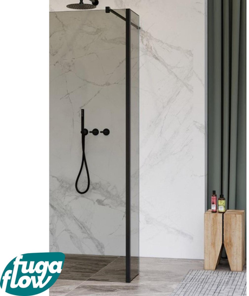 FugaFlow Eccelente Vetro zijwand - 50x200cm - rookglas - 8mm - met hoekprofiel - mat zwart -