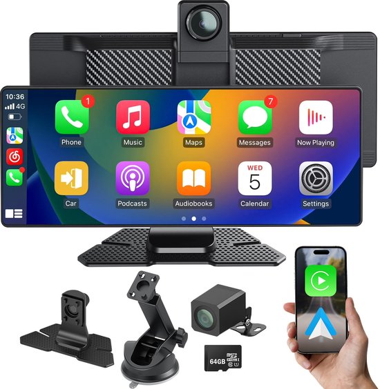 Een 10.26 inch touchscreen met Apple CarPlay, diverse accessoires zoals een dashcam, achteruitrijcamera, telefoonhouder en SD-kaart.